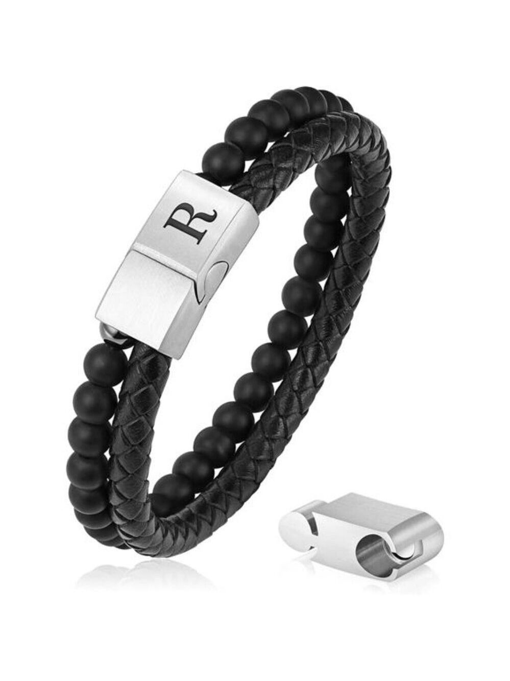 Mens Beaded Leather Bracelet Initial Personalized Matte Agate Stone Adjustable